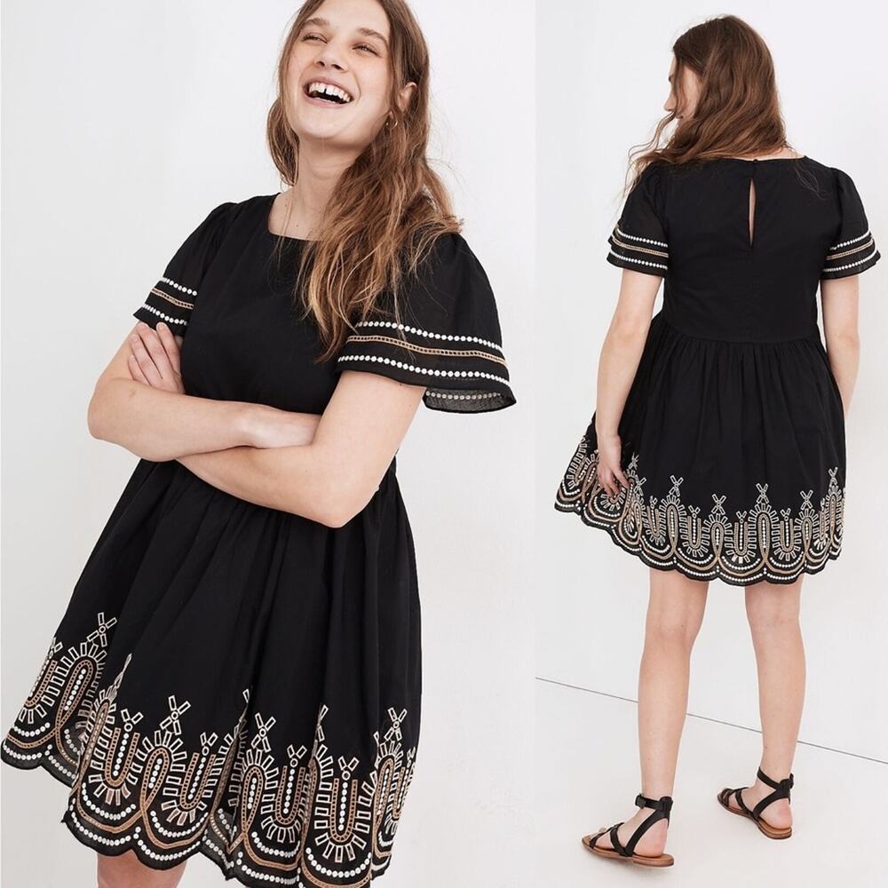 Madewell Embroidered Babydoll Mini Dress Puff Sleeve Black Short Sleeve SM $138